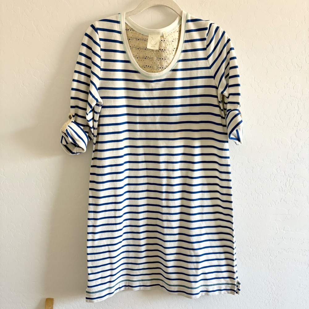 Anthropologie Striped Knit Dress Roll Tab Sleeve Lace Back‎ Casual Chic